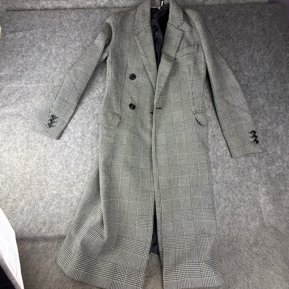 Topshop Womens Glen Plaid Double Breasted Longline Coat Black White US 0